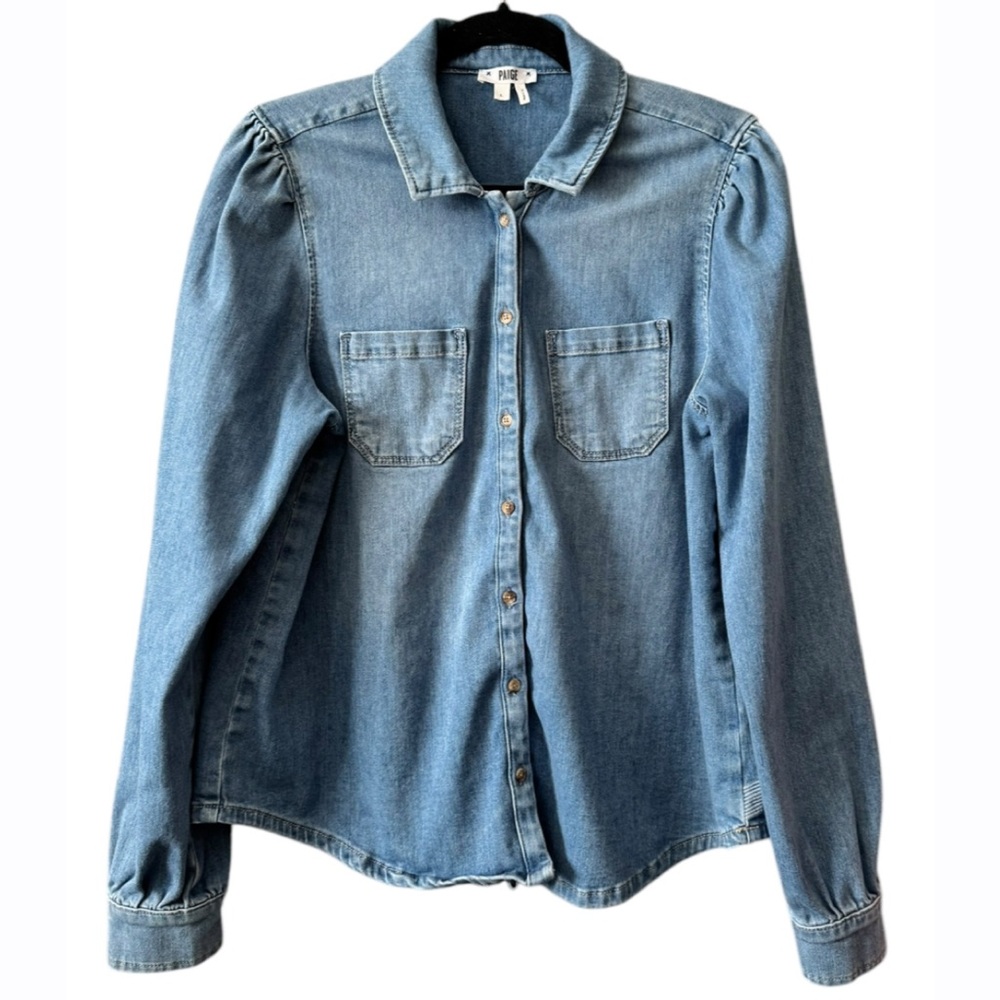 PAIGE Belize Denim Button Up Long Sleeve Shirt Womens Large Blue‎ Relaxed Fit - Picture 2 of 7